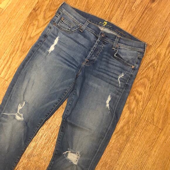 7 For All Mankind Blue Distressed Demin Josefina Boyfriend Skinny Jeans Size 27 - Picture 1 of 12